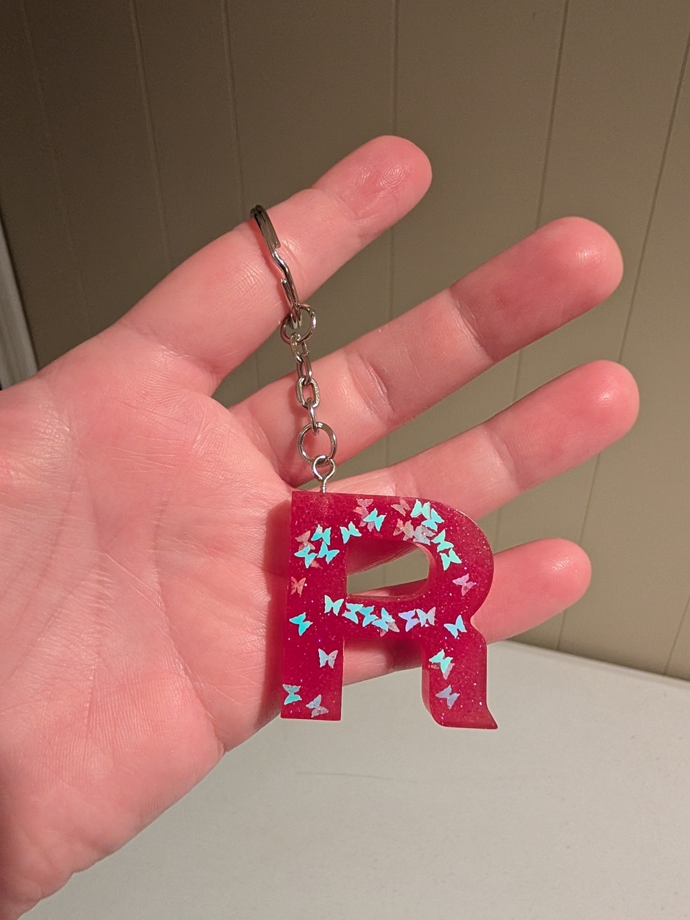 Personalized Keychain Letter R in Pink with Blue Accents